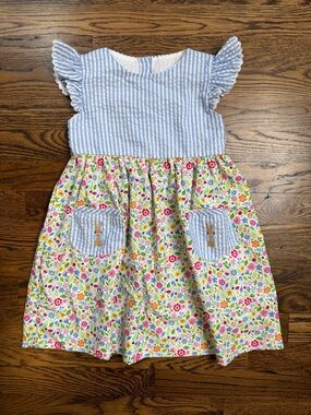 Lures and Lace Girls Blue Seersucker & Peter Rabbit Embroidered Girls Dress 4T